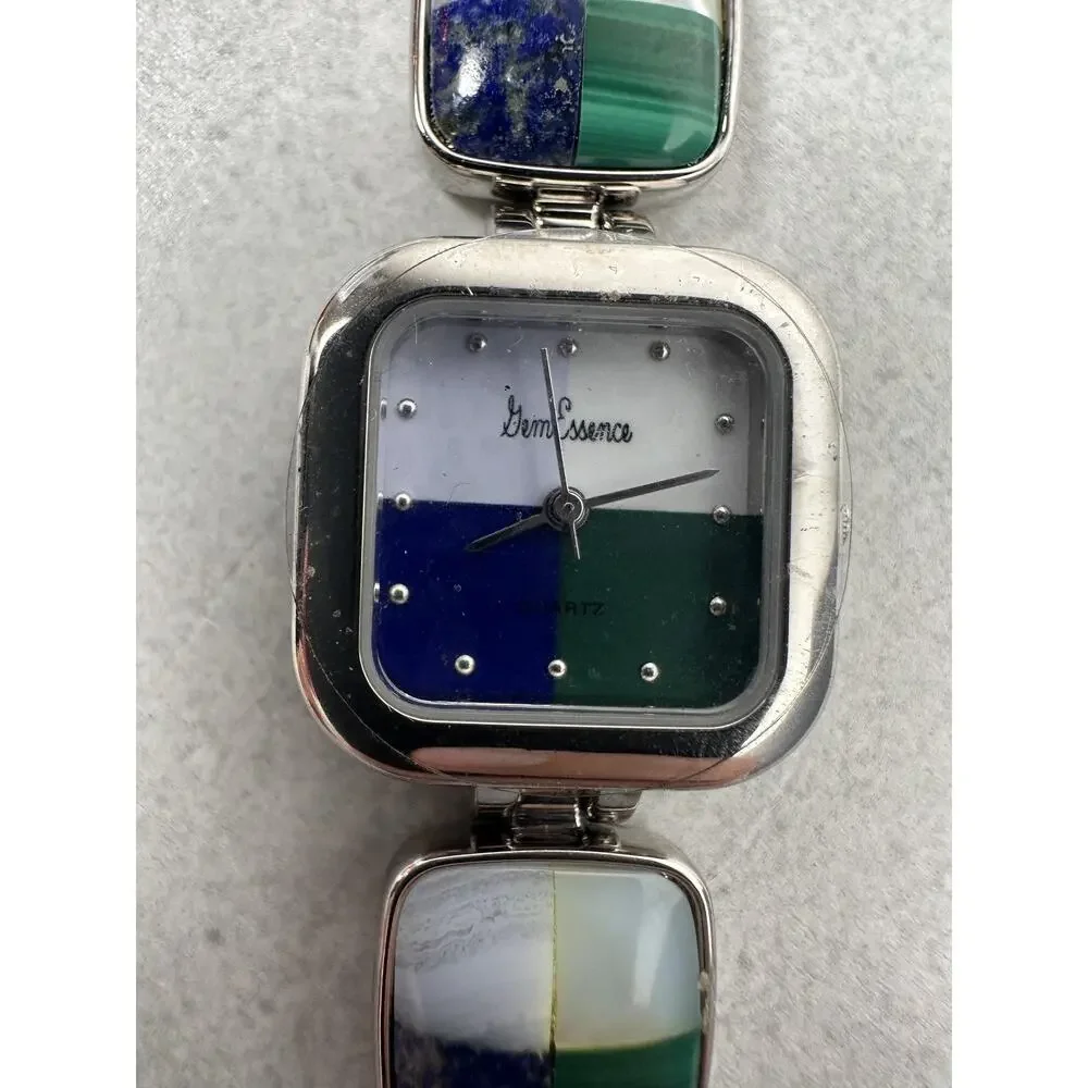 Gem Essence Watch Womens 23mm Square Blue Green White Stone Inlay New Battery